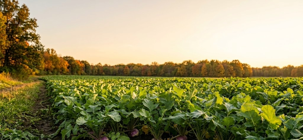 Lush fall brassica food plot with purple-topped turnips and broad green leaves bordered by hardwood timber in fall color with a deer trail entering at golden hour in October