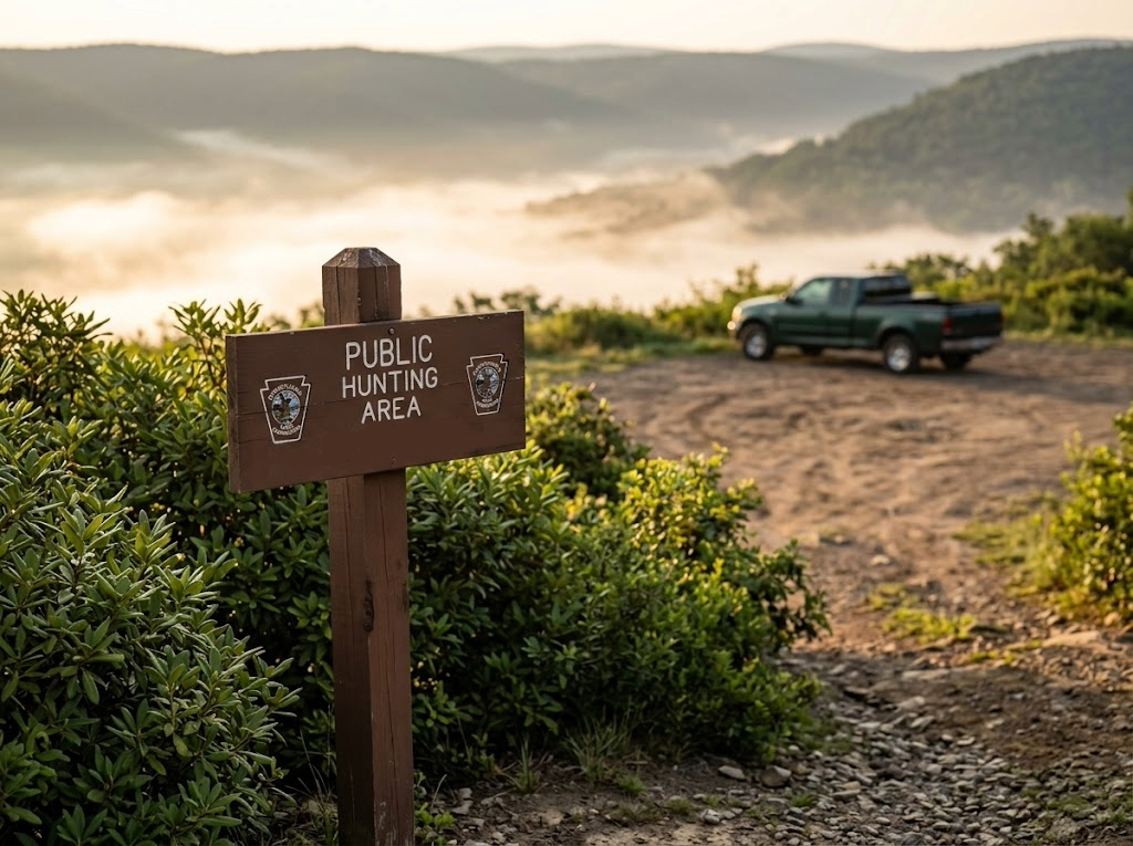 Brown wooden public hunting area boundary sign posted at the entrance to Pennsylvania public land with a dirt parking area and truck in the background