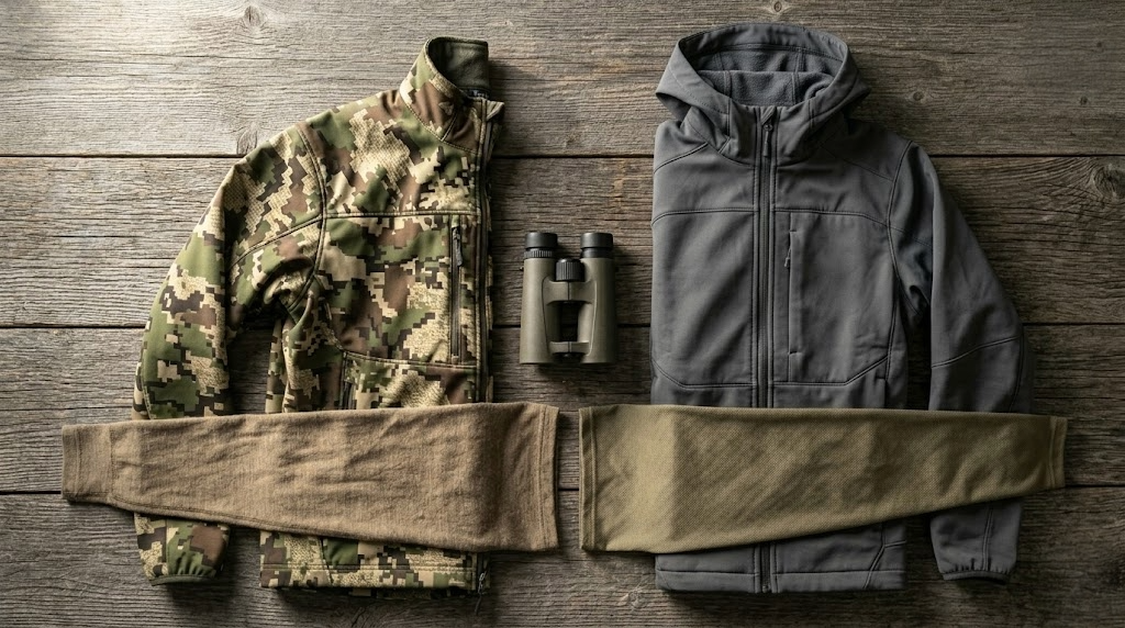 Two hunting jackets in different camo patterns laid side by side on a wood surface with binoculars between them showing a visual comparison of premium hunting clothing systems