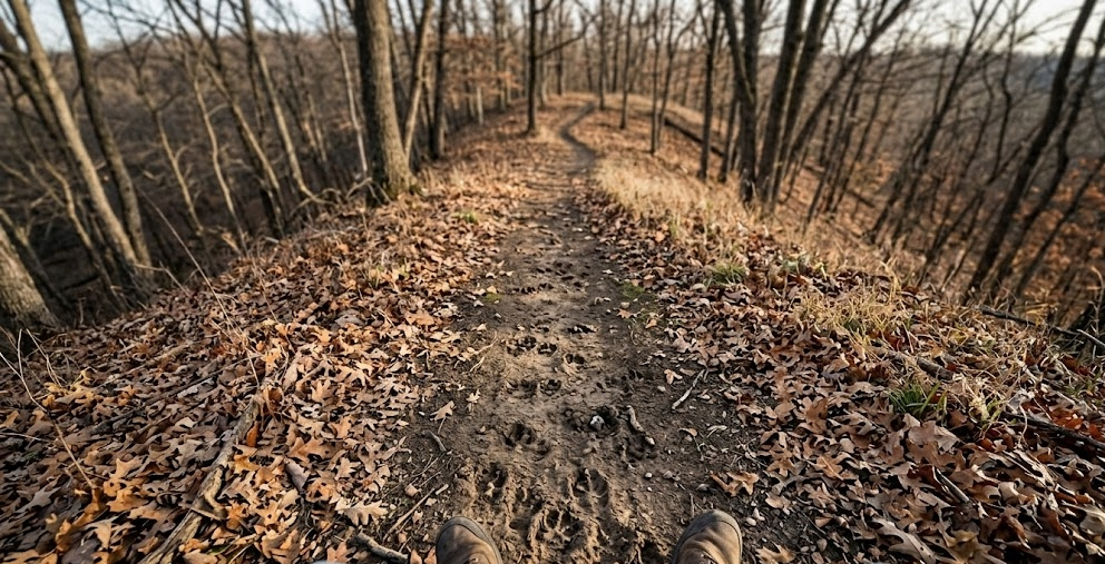 Worn deer trail crossing perpendicular to the ridge spine through a public land saddle low point