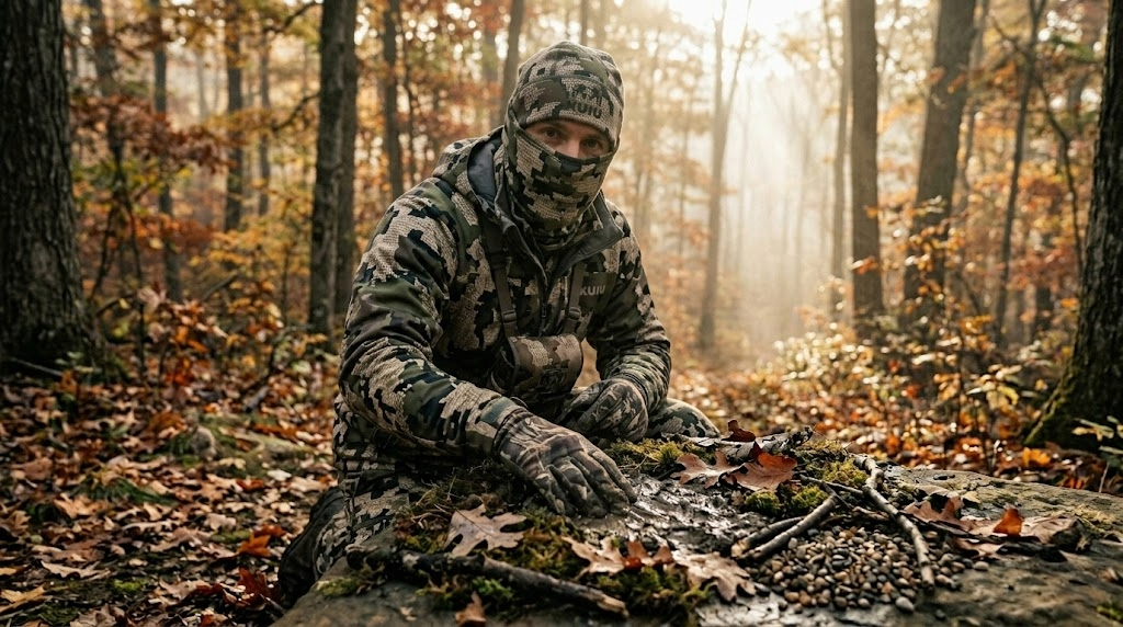 Hunter facing the camera demonstrating the concept of muddy matrix 2.0 at a glance in a realistic public land setting with natural terrain and lighting