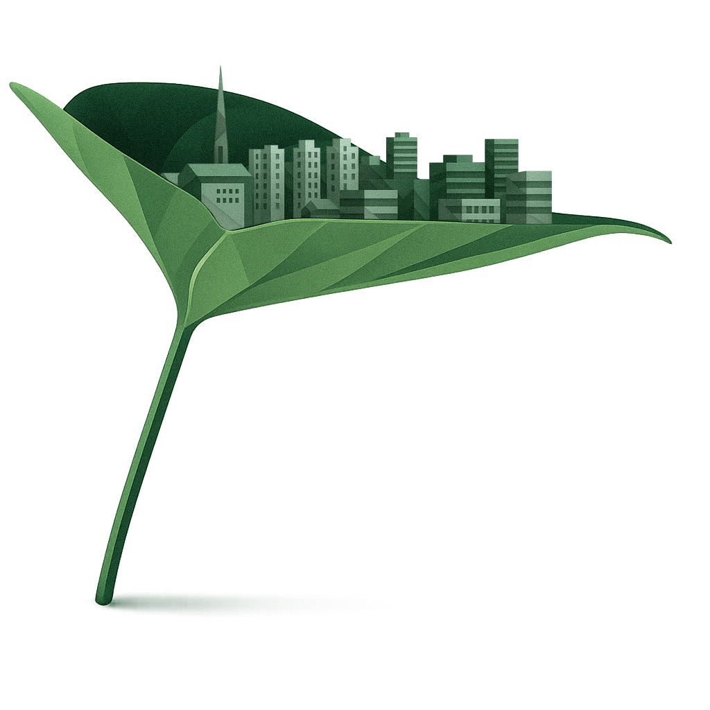 Green leaf with a cityscape illustration on its surface, featuring buildings and a church steeple.