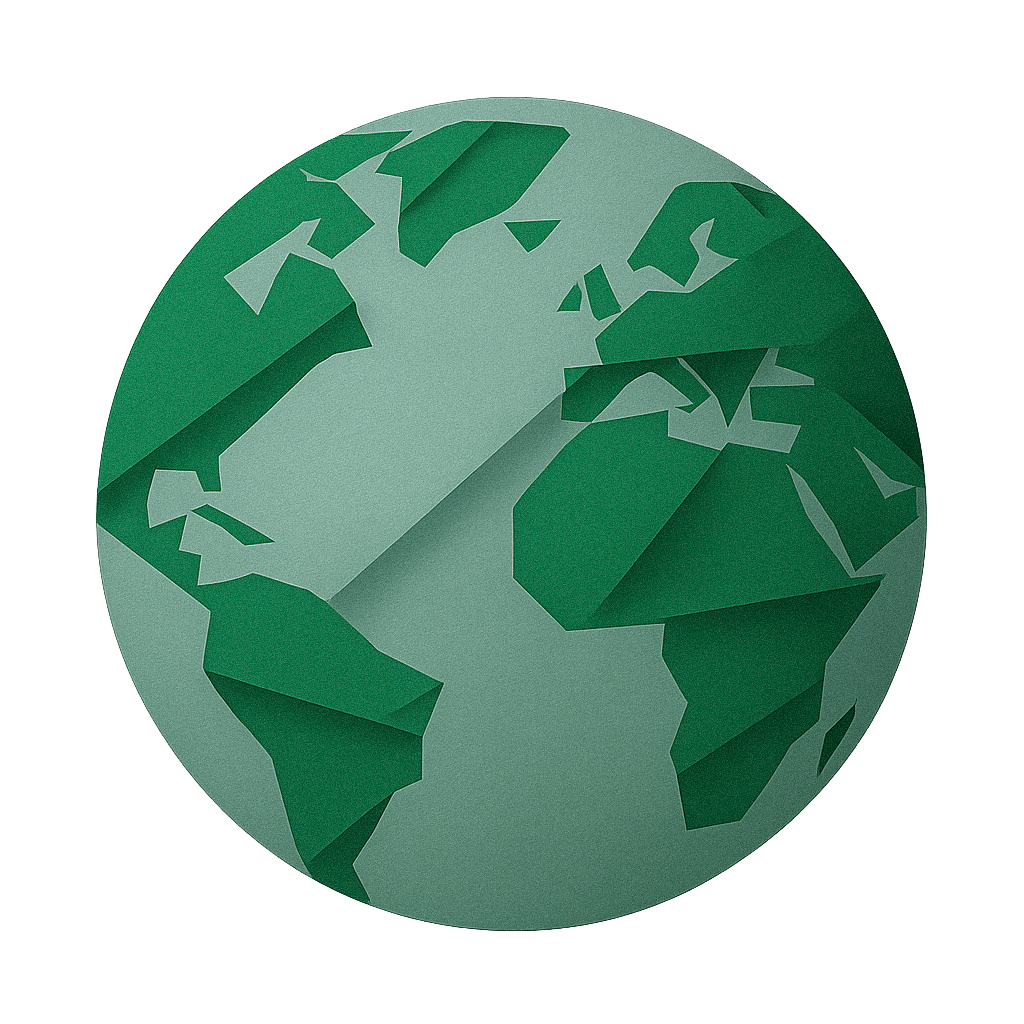 Illustration of a globe with a green color scheme, showing the continents in a stylized, angular design.