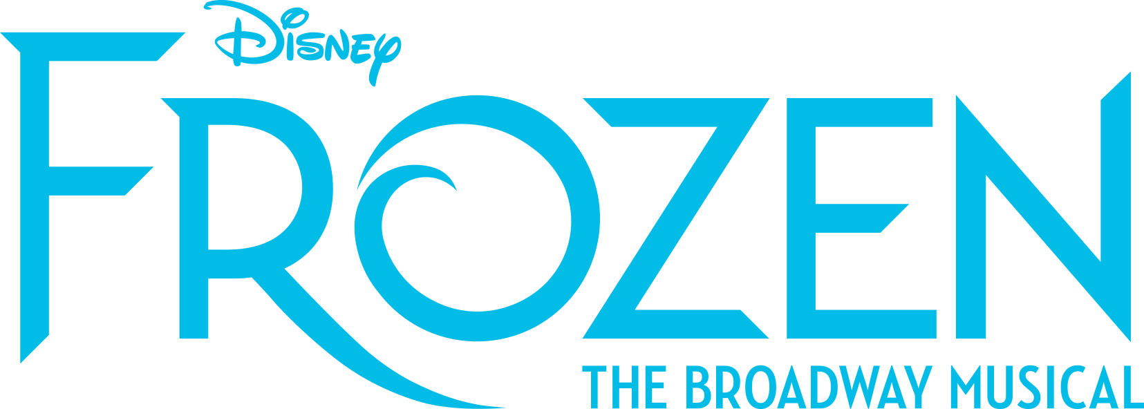 Logo for Disney's Frozen, the Broadway musical, with the title 'Frozen' in blue font and the subtitle 'The Broadway Musical' below.