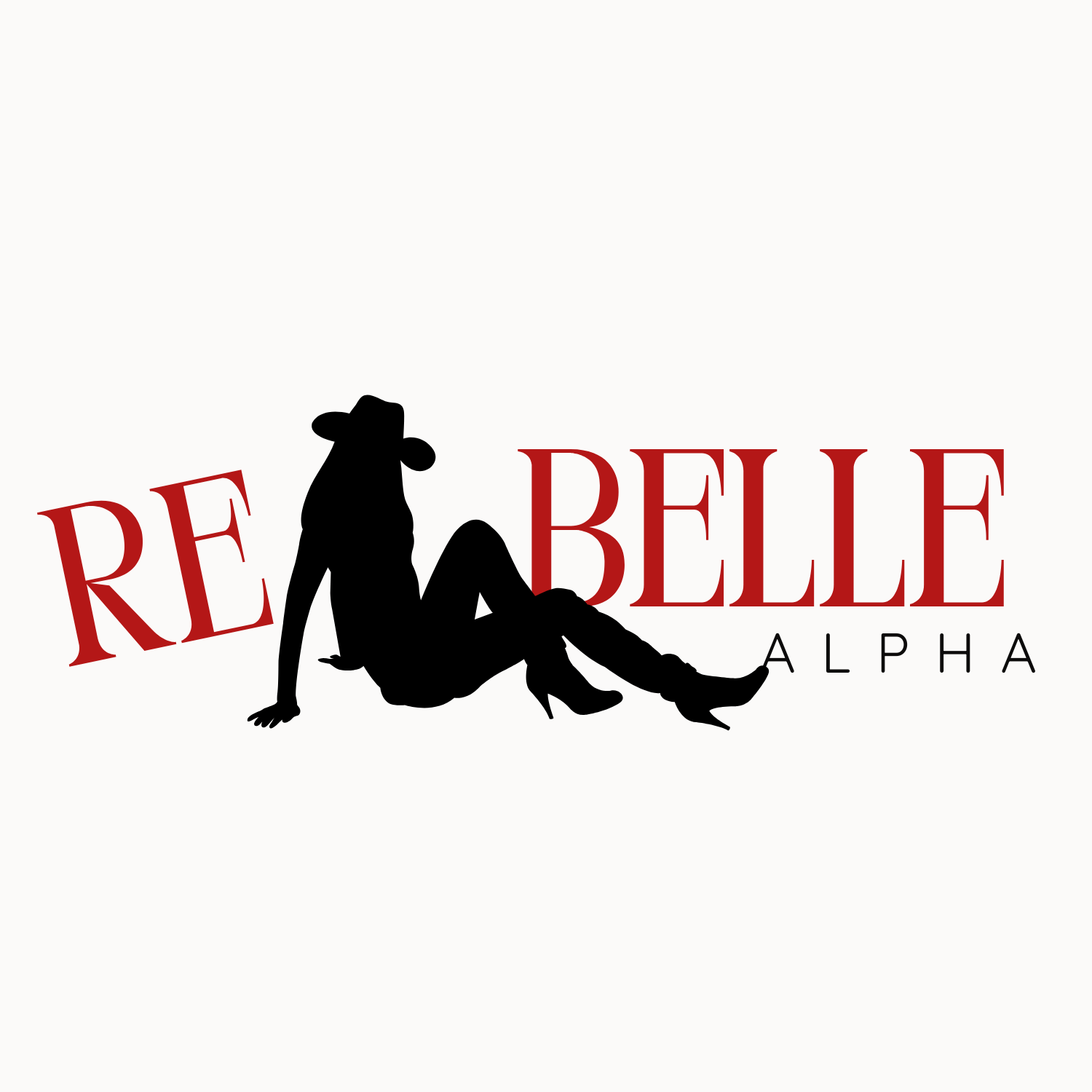 Silhouette d'une femme assise, portant un chapeau, au-dessus du texte rouge 'Re Belle' et du texte noir 'Alpha'.