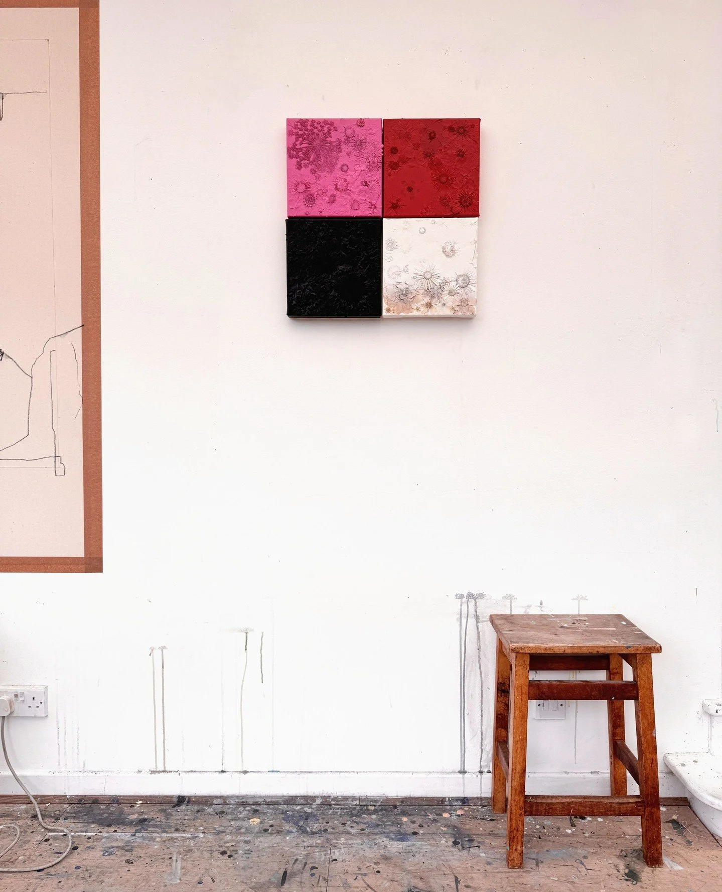 "Pink, Red, Black, White"⁠
⁠
50 x 50cm⁠
(made up of 4 panels)⁠
⁠
Pressed flowers on canvas oversprayed with acrylic paint⁠
⁠
Each piece is modular, designed to stand alone or be shown in pairs or larger groupings. Together, they create syst