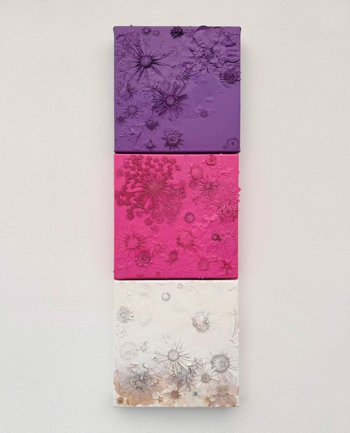 'Descent'⁠
⁠
25 x 75cm⁠
Pressed flowers on canvas over-sprayed with acrylic paint.⁠
Made of three panels