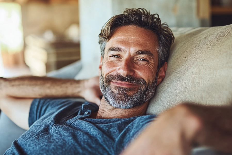 A middle-aged man with a beard and dark hair, smiling and relaxing on a beige couch in a cozy living room.