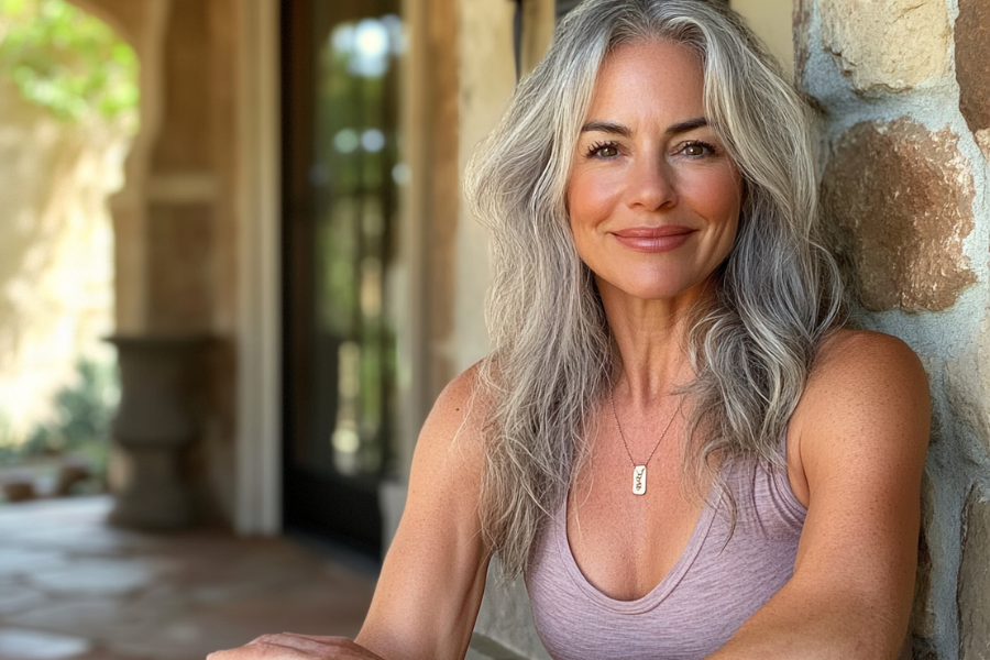 A smiling woman with gray hair and a tank top sitting outdoors near a stone wall, with a blurred background of trees and a wooden door.