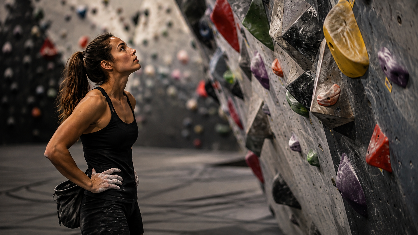 Competitive bouldering athlete mentally preparing before climbing a challenging route