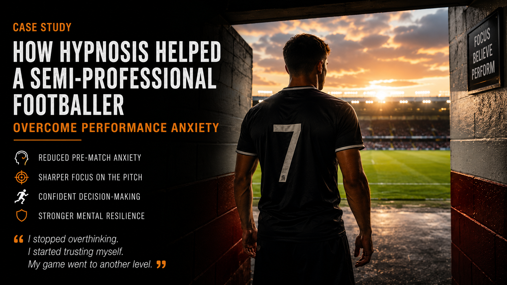 Semi-professional footballer preparing mentally for a high-pressure match, representing confidence and overcoming performance anxiety.