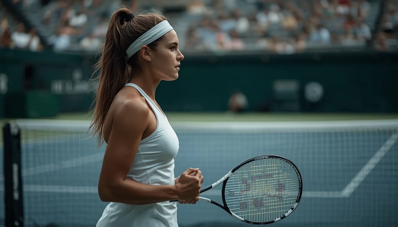 Female tennis player regaining focus before the next point