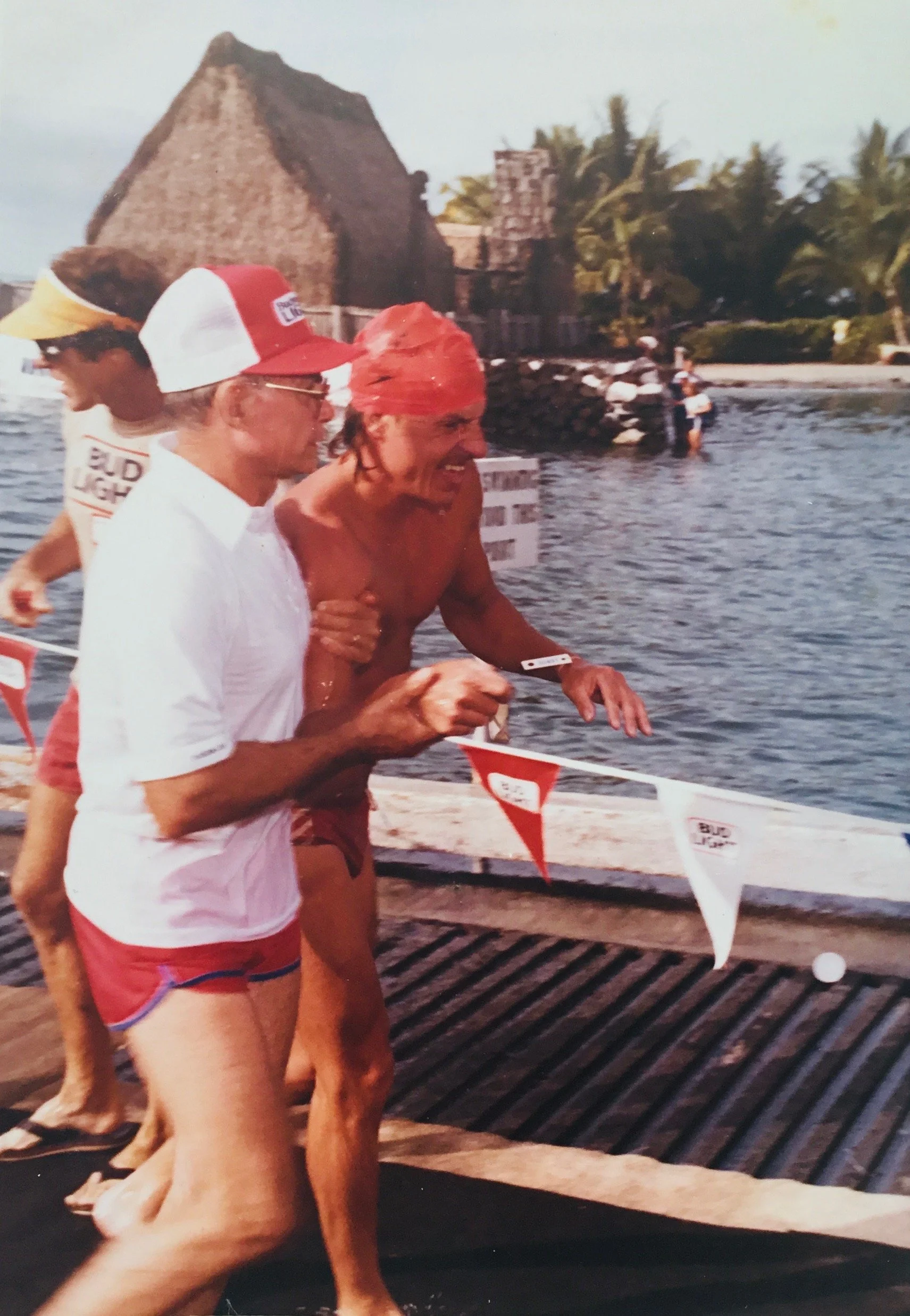 •  	• Sports performance hypnotist Barry Jones MSc exiting the water after finishing the swim leg of the Hawaii Ironman World Championship.