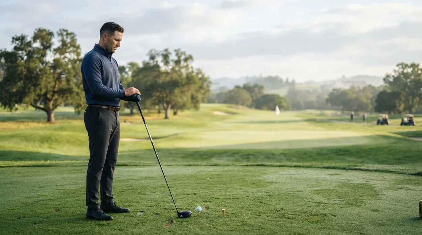 "Golfer mentally preparing for a shot on the course"