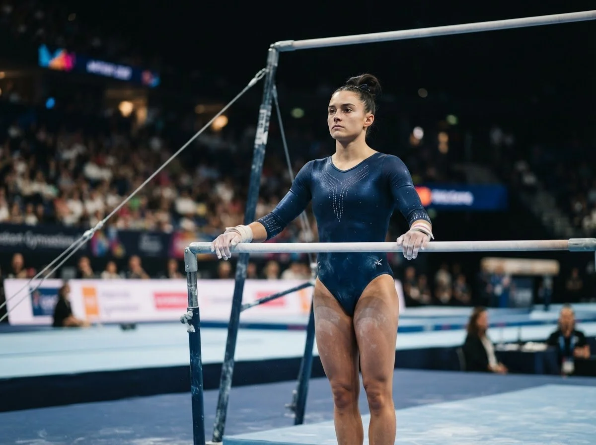 Gymnast mentally preparing to perform a difficult balance beam skill