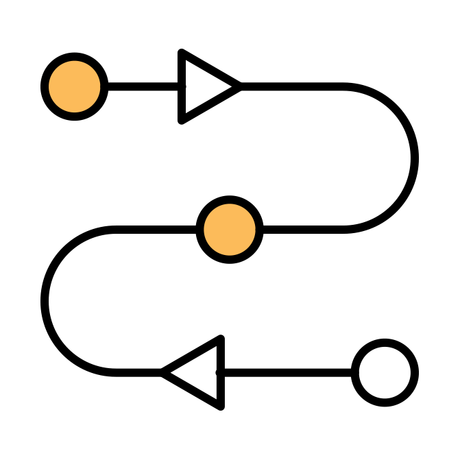 Diagram of two orange circles connected by a dashed arrow, with labels and additional arrows indicating a process flow.