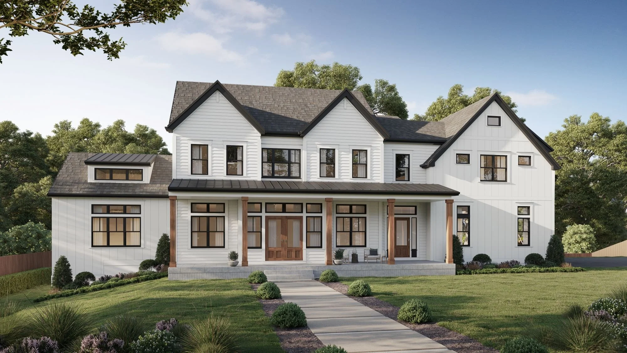 Modern two-story house with white siding, black roof, and wooden accents, surrounded by a landscaped lawn and trees.