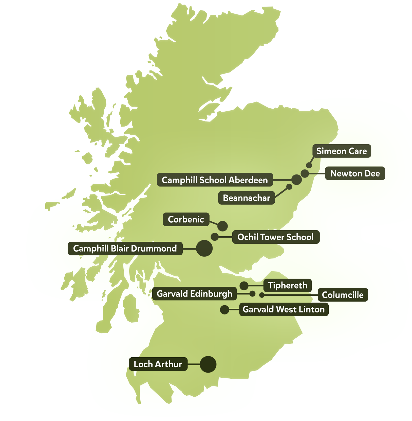 Map of Scotland highlighting various locations.