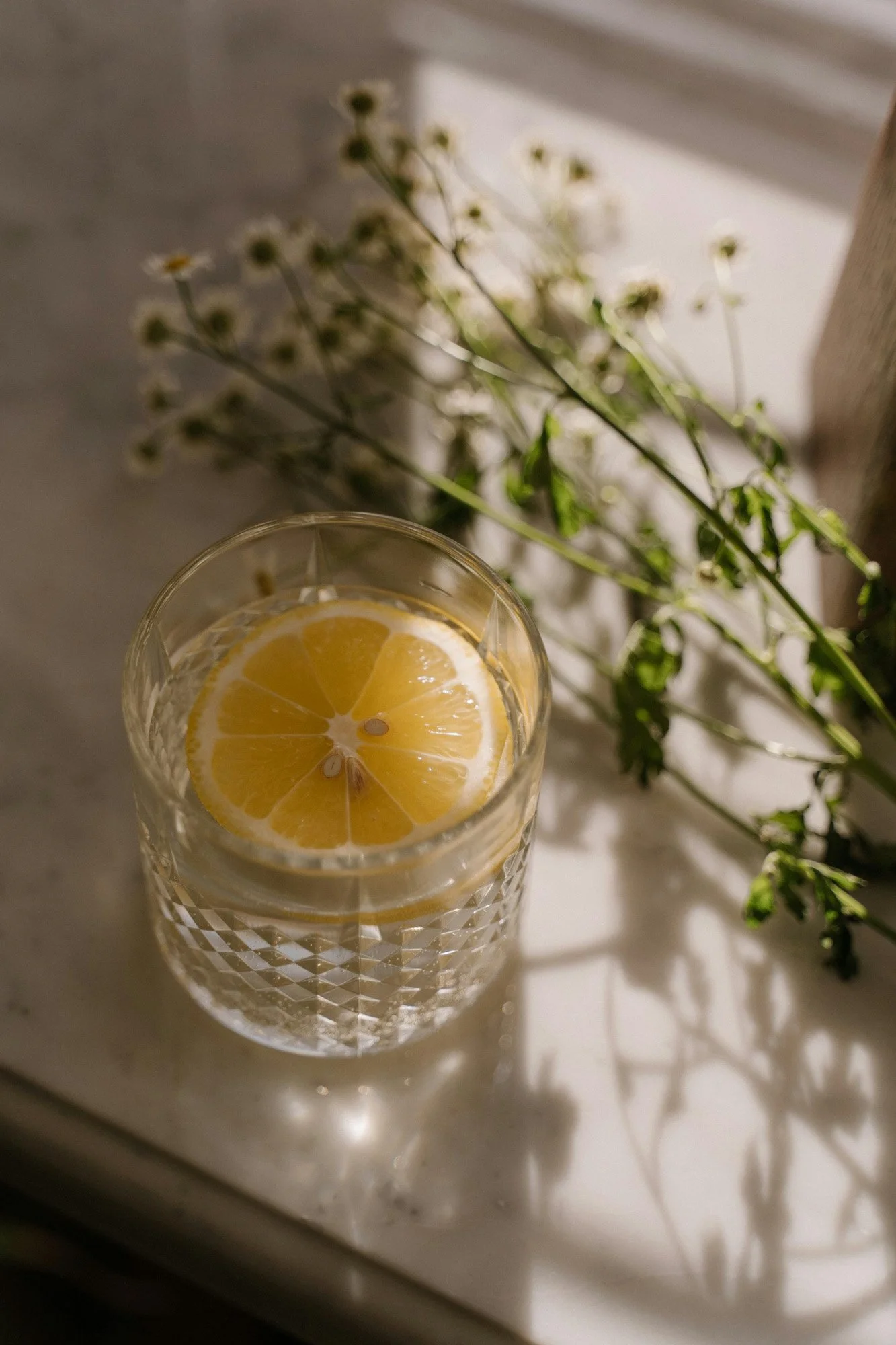Glass of lemon water representing alcohol reduction and intuitive eating coaching program.