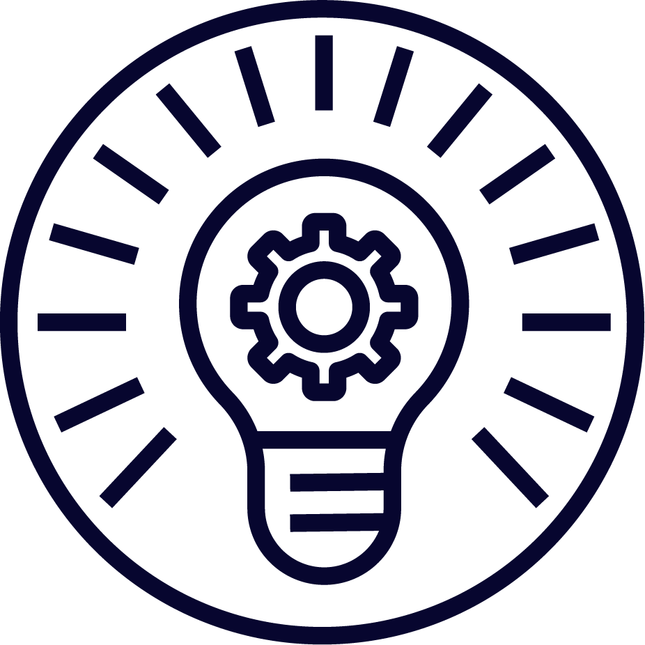 Outline of a light bulb with a gear inside it
