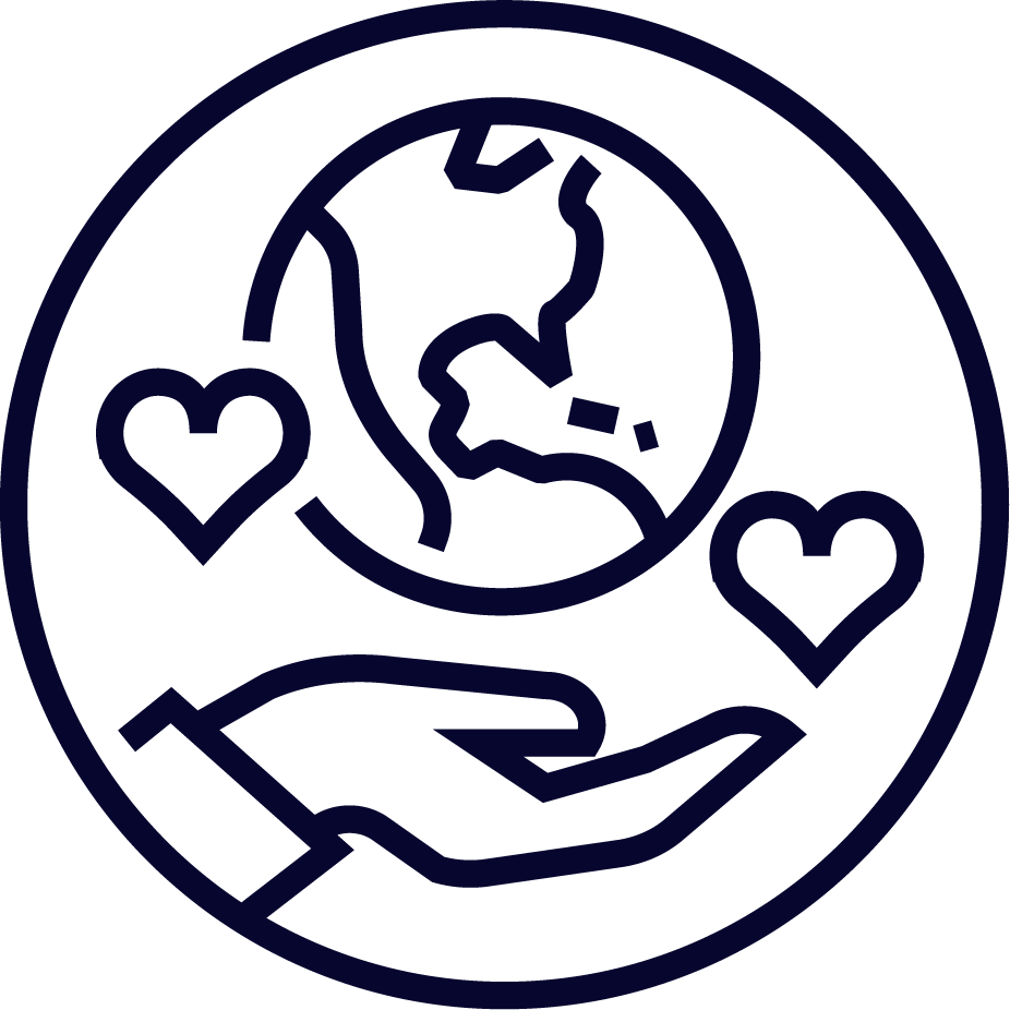 Line drawing of a hand holding a globe with two hearts around it