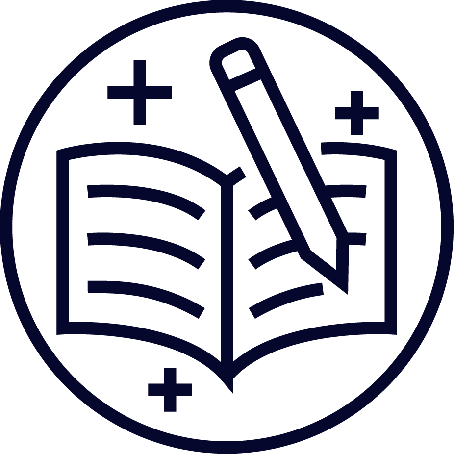 Icon of an open book with a pencil and plus signs around it, suggesting education or writing.