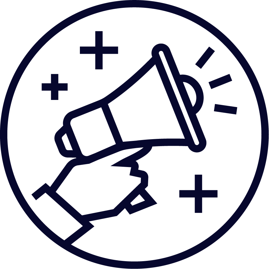 Icon of a hand holding a megaphone surrounded by stars and lines indicating noise or sound.