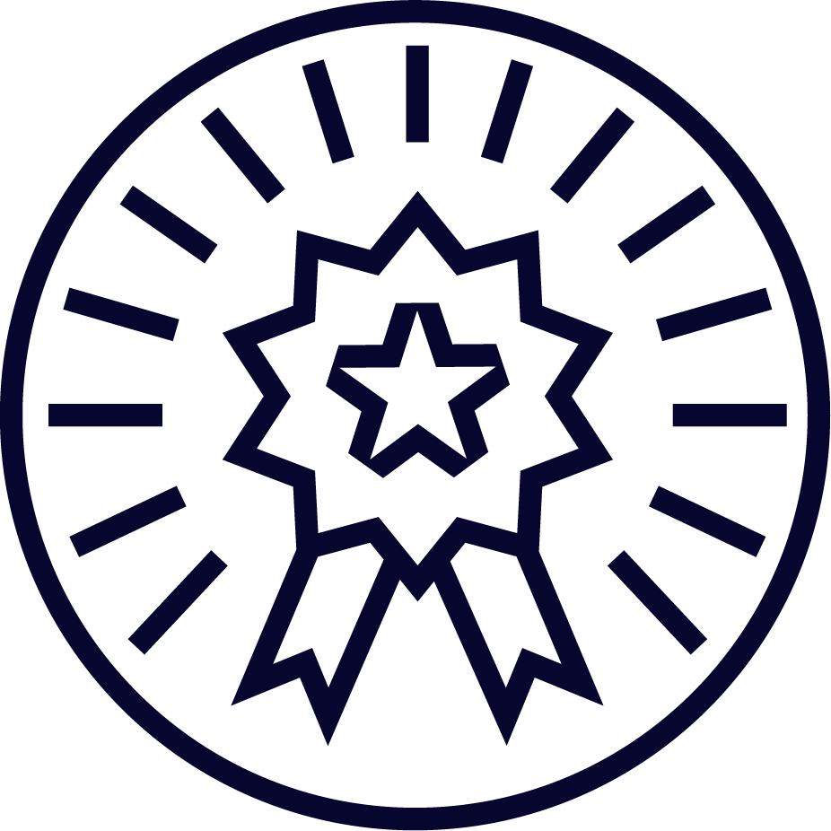 A stylized badge or seal with a star in the center, surrounded by a ribbon, and outlined with lines that resemble a clock face or ribbon award.