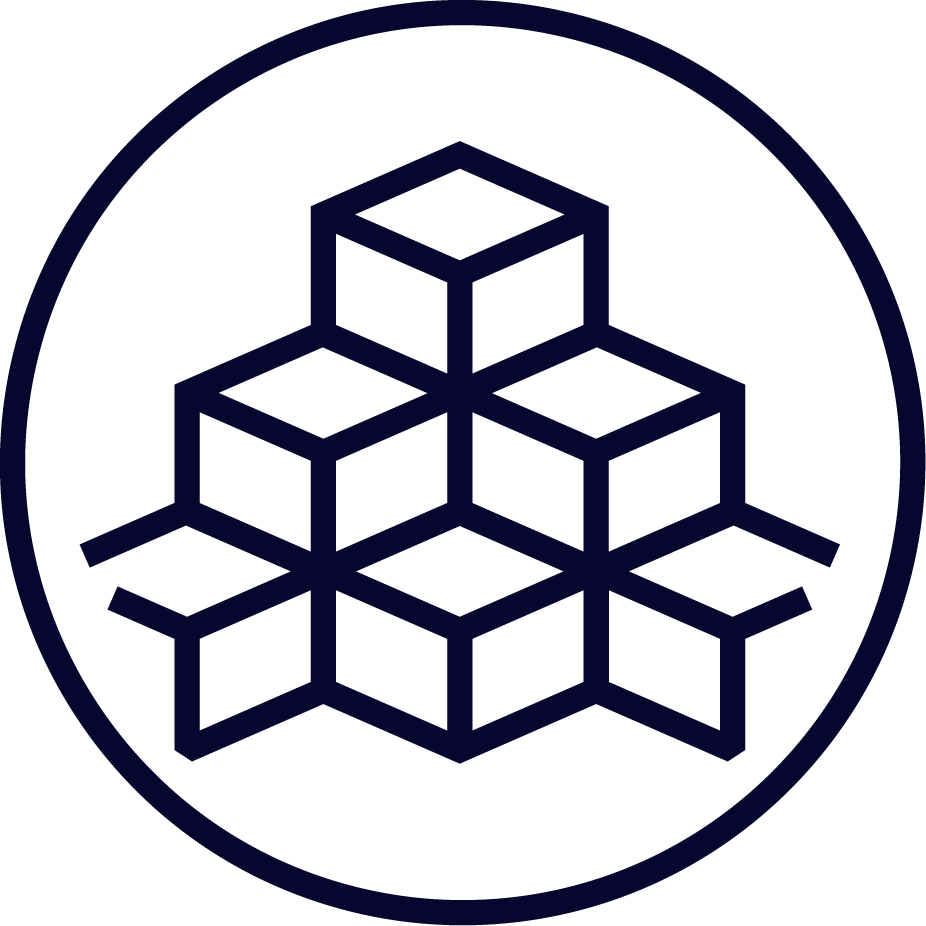 A dark logo with an illustration of interconnected cubes inside a circle.