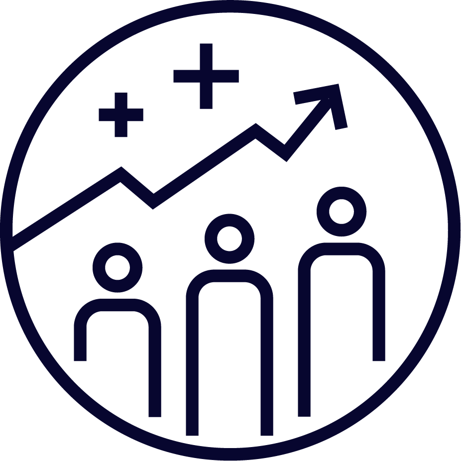 Line graph with upward trend, three human figures below, and plus signs indicating positive growth or success.