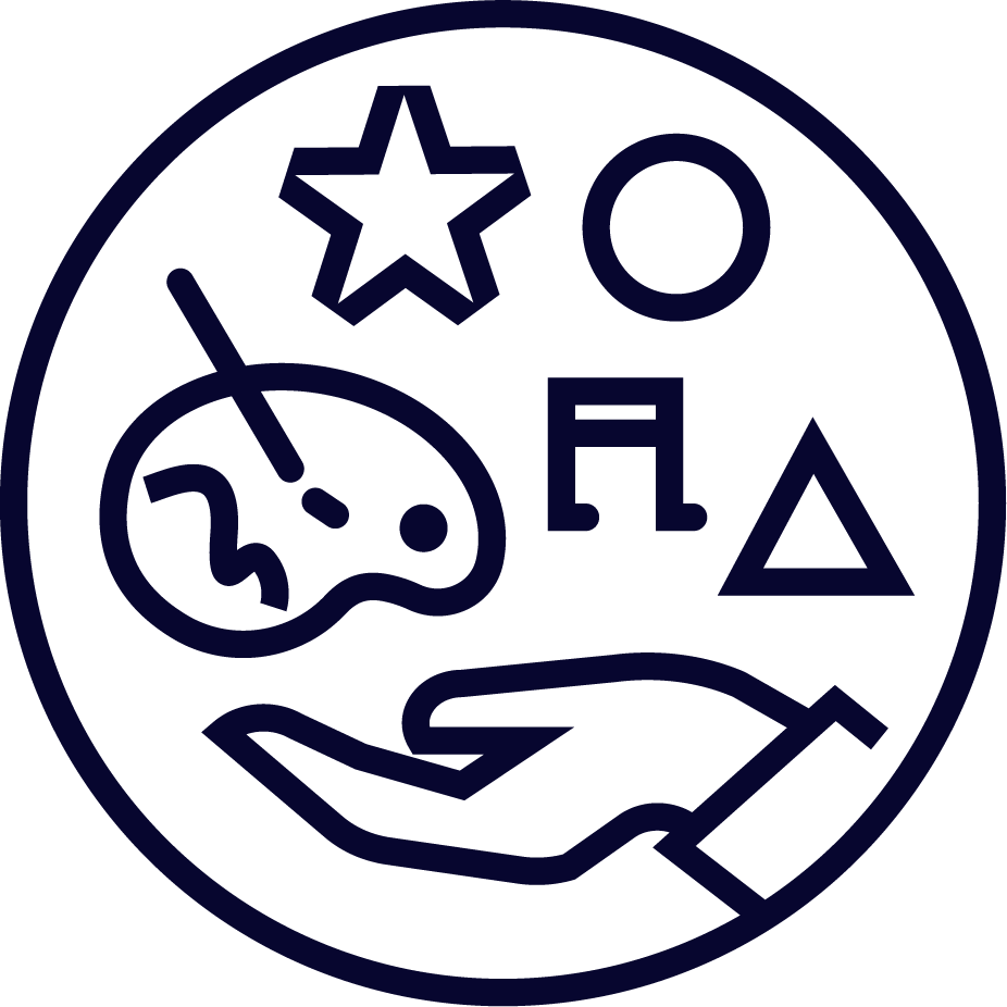Illustration of a hand holding a planet Earth with various floating symbols including a star, circle, music note, triangle, and a rocket.