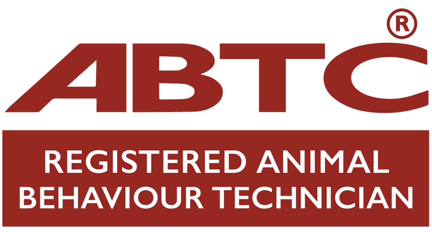 Maroon acronym "ABTC" which stands for "Animal Behaviour And Training Council" and a maroon rectangle with white text "Registered Animal Behaviour Technician"