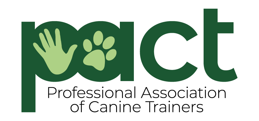 Logo for the Professional Association of Canine Trainers showing the acronym 'PACT' with a handprint and paw print integrated.