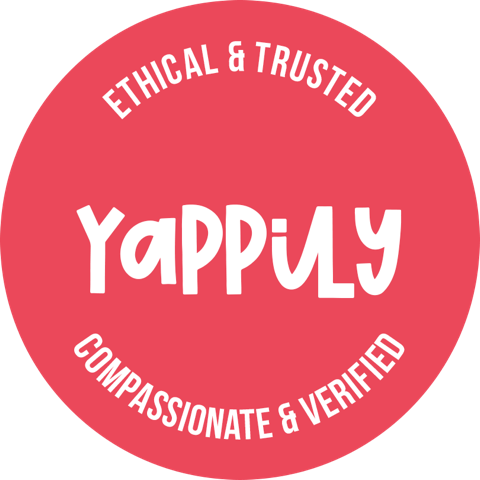 Pink circular badge with white text that says 'Ethical & Trusted' at the top, 'Happily' in large font in the center, and 'Compassionate & Verified' at the bottom.