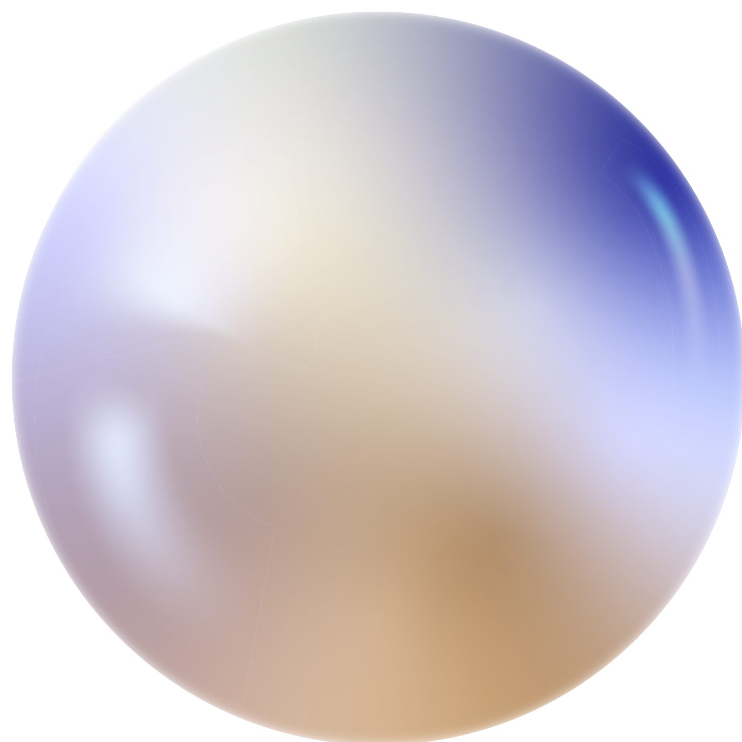 Sfärisk form med gradientfärger i blått, beige och vitt.