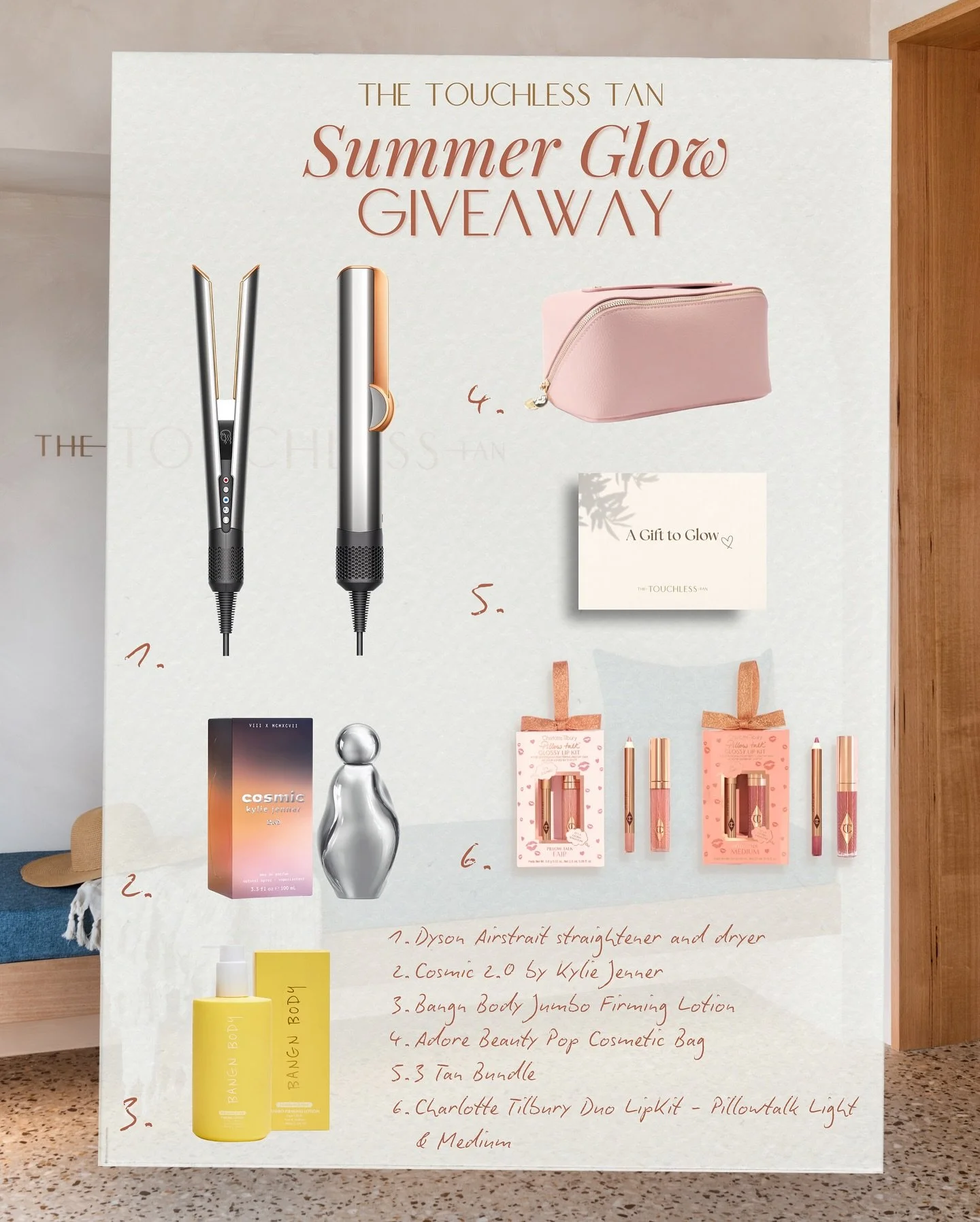 🤎 WIN the ultimate summer glow up! 🤎

The Touchless Tan is giving away the ultimate glow package - just in time for summer. 

The winner will receive:
Dyson Airstrait Straightener &amp; Dryer
Cosmic 2.0 by Kylie Jenner
Bangn Body Jumbo Firming Loti