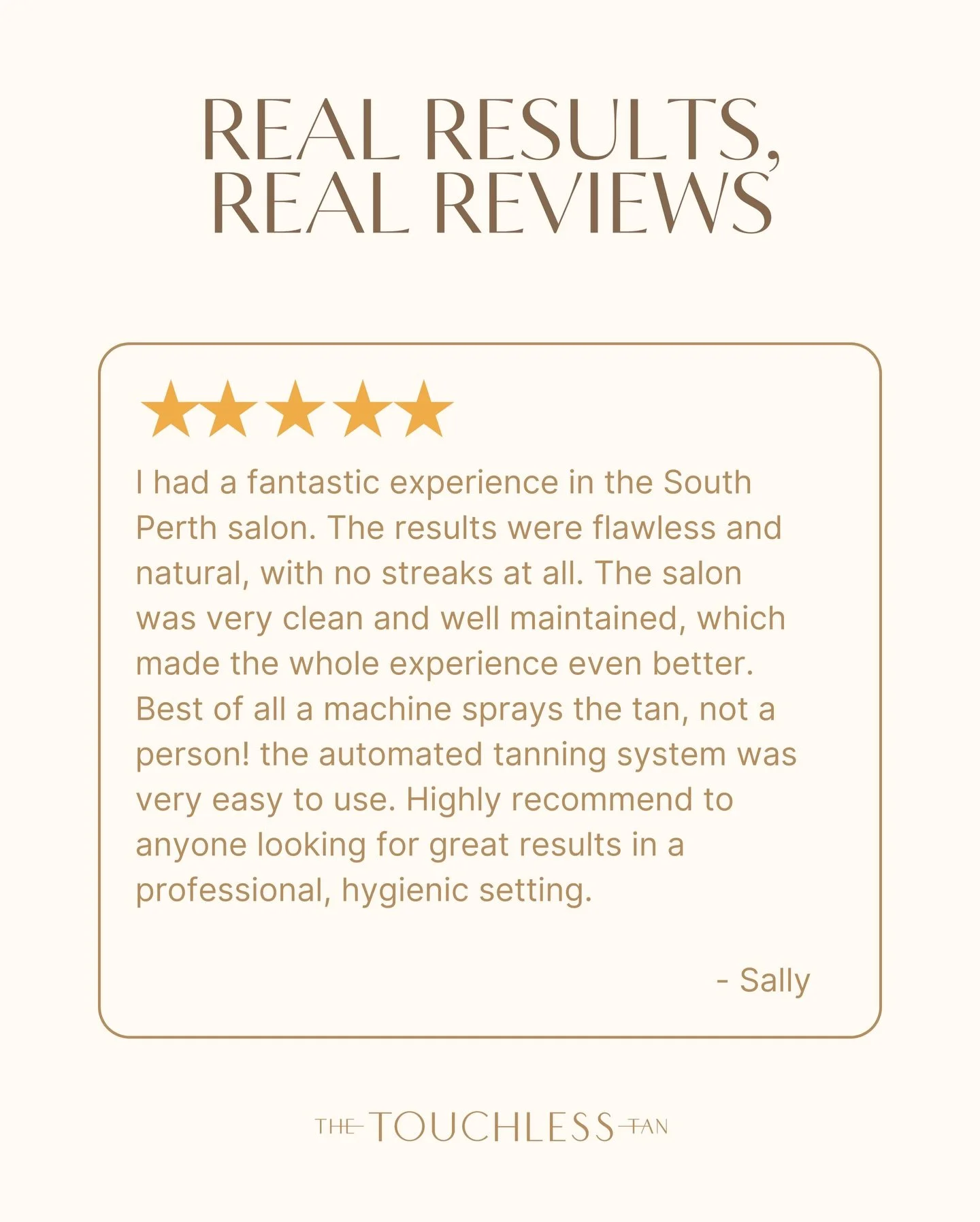 Real results. Real reviews. ⭐️⭐️⭐️⭐️⭐️

Flawless, natural colour. No streaks. No awkward appointments.
Just an easy, hygienic, touchless tan that delivers every time 🤍