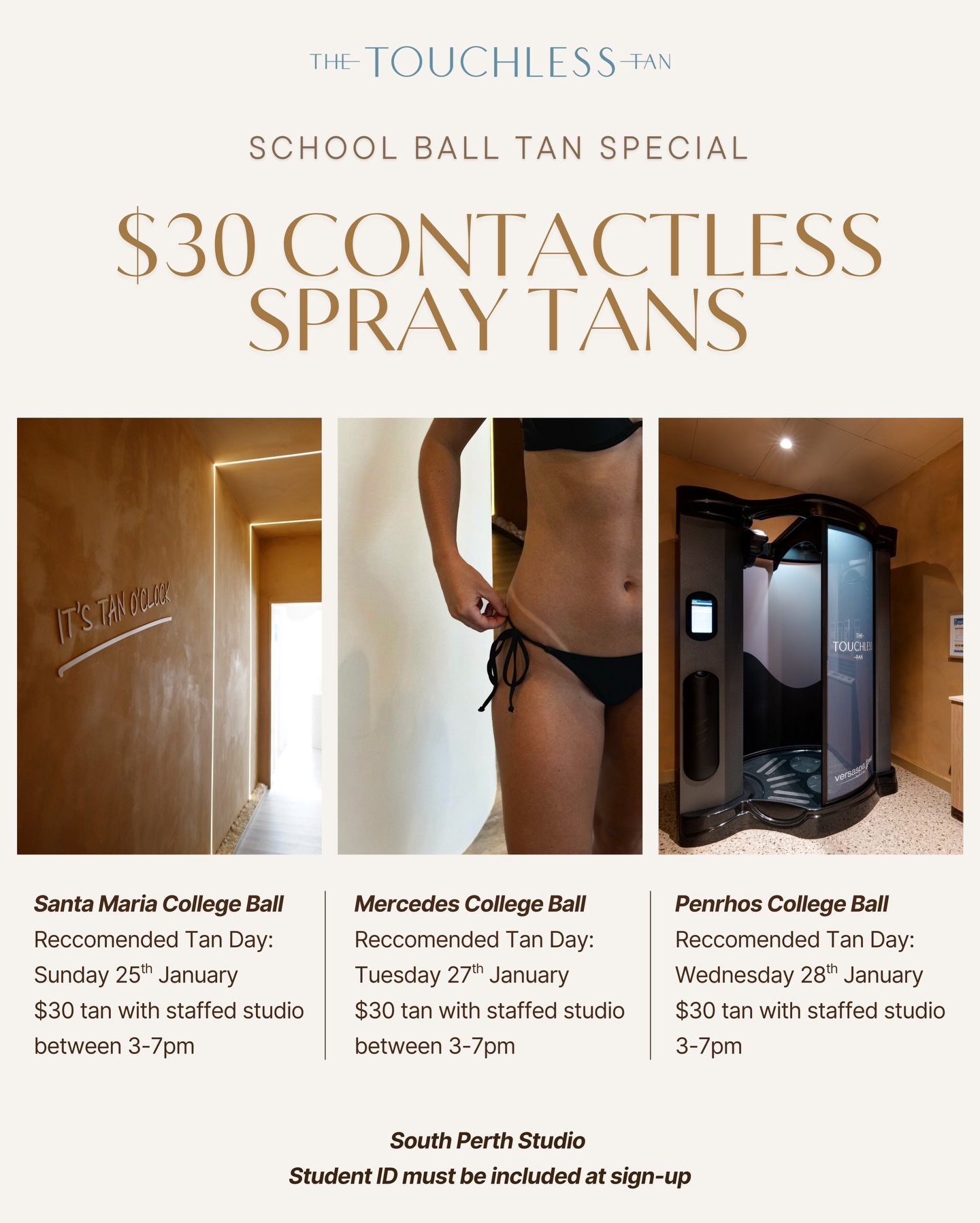Ball season, sorted 🤍
$30 contactless spray tans
South Perth studio
Bookings via our website | Student ID required