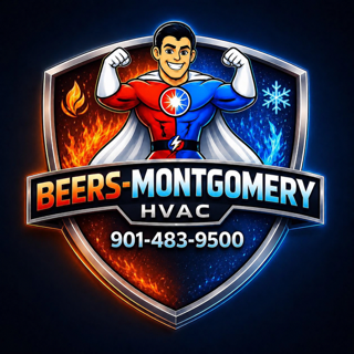 Beers-Montgomery HVAC Logo with superhero character and business phone number