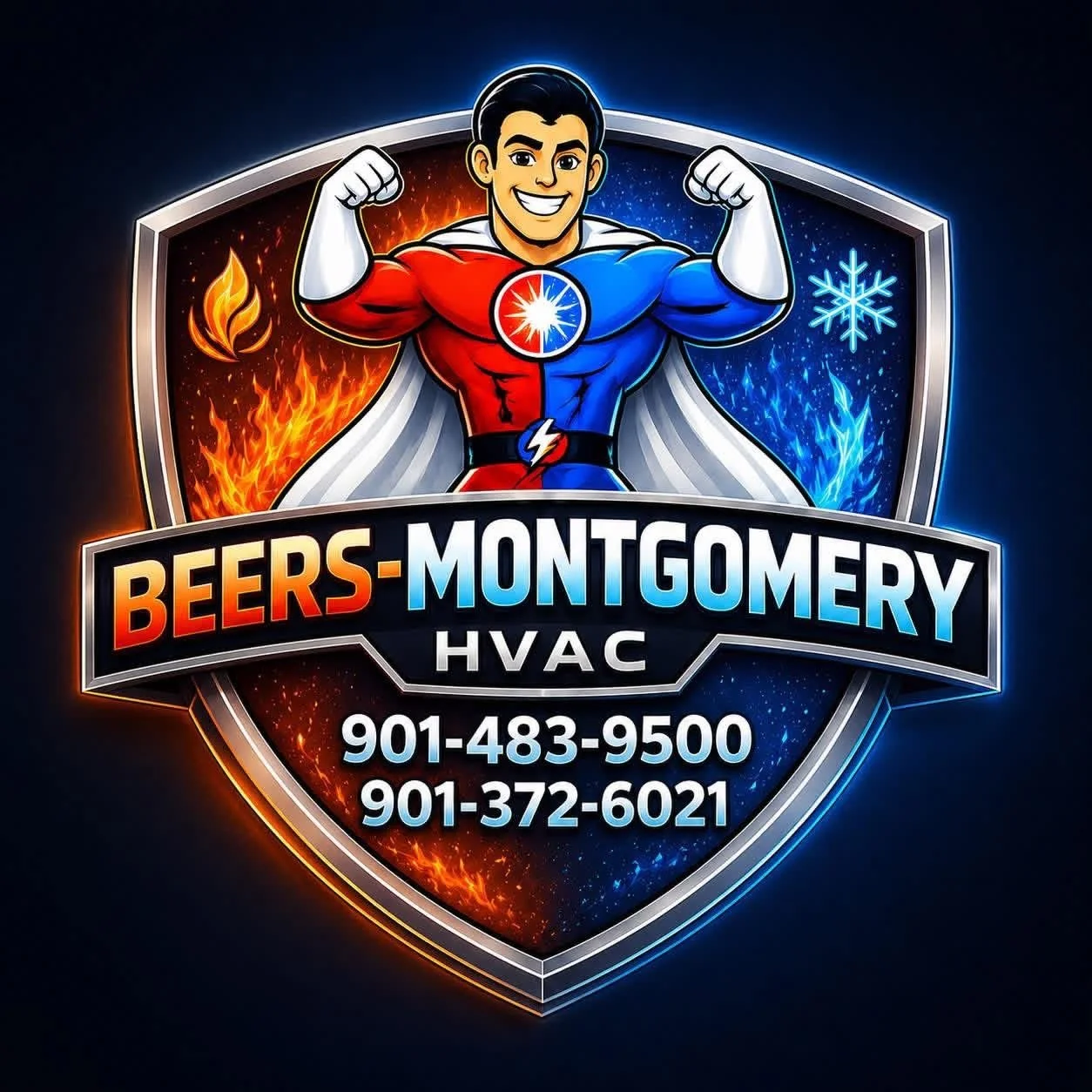 A superhero mascot with a smiling face, flexing muscles, wearing a red and blue costume, on a badge with the text 'Beers-Montgomery HVAC' and contact numbers.