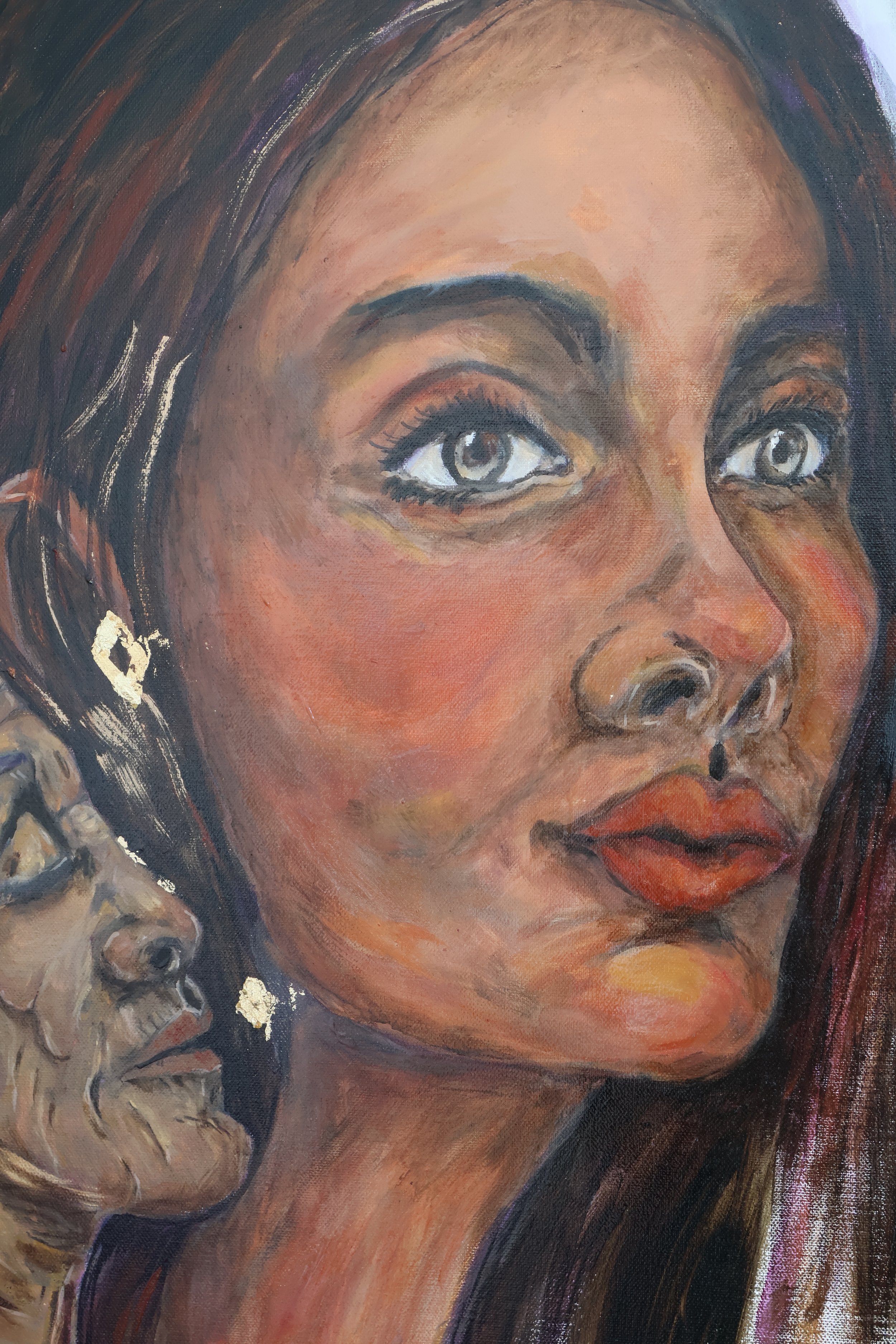 Nahaufnahme Ölgemälde Die Stimme von Tante Käthe– Selbstakzeptanz mit Blattgold – Sonia Gonze Nürnberg