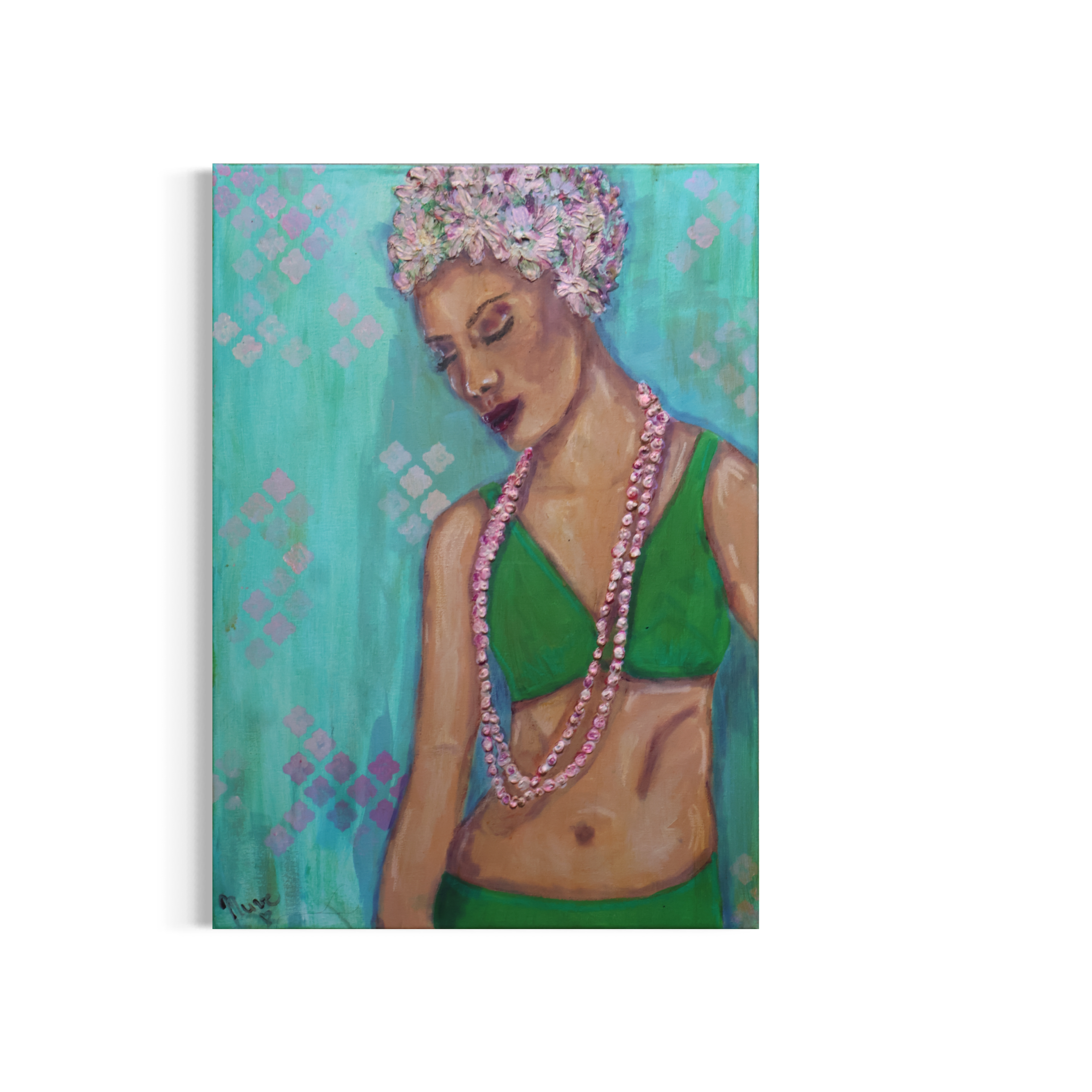 Ausschnitt Acrylgemälde Hildes Perlenkette, figurative Malerei – Sonia Gonze Nürnberg