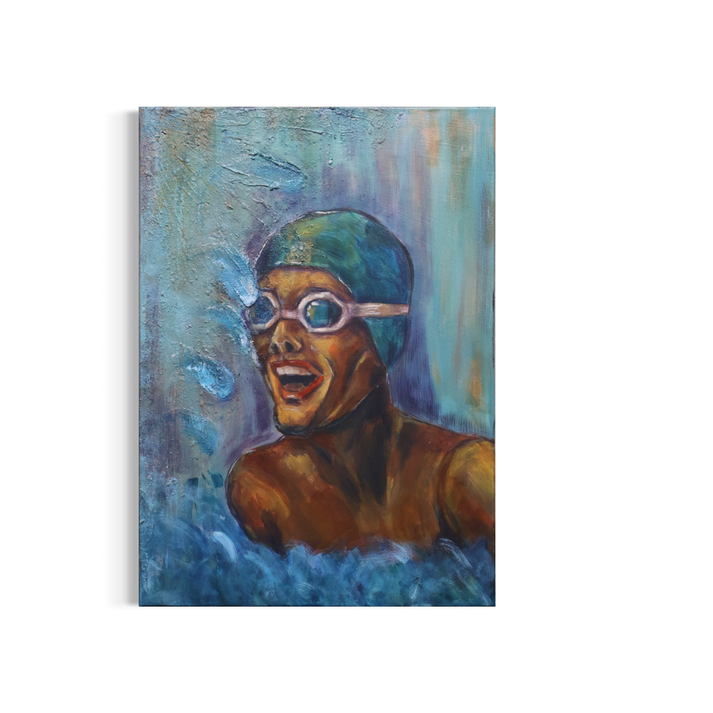 Acrylgemälde Erwins Schwimmer-Montur., figurative Malerei – Sonia Gonze Nürnberg