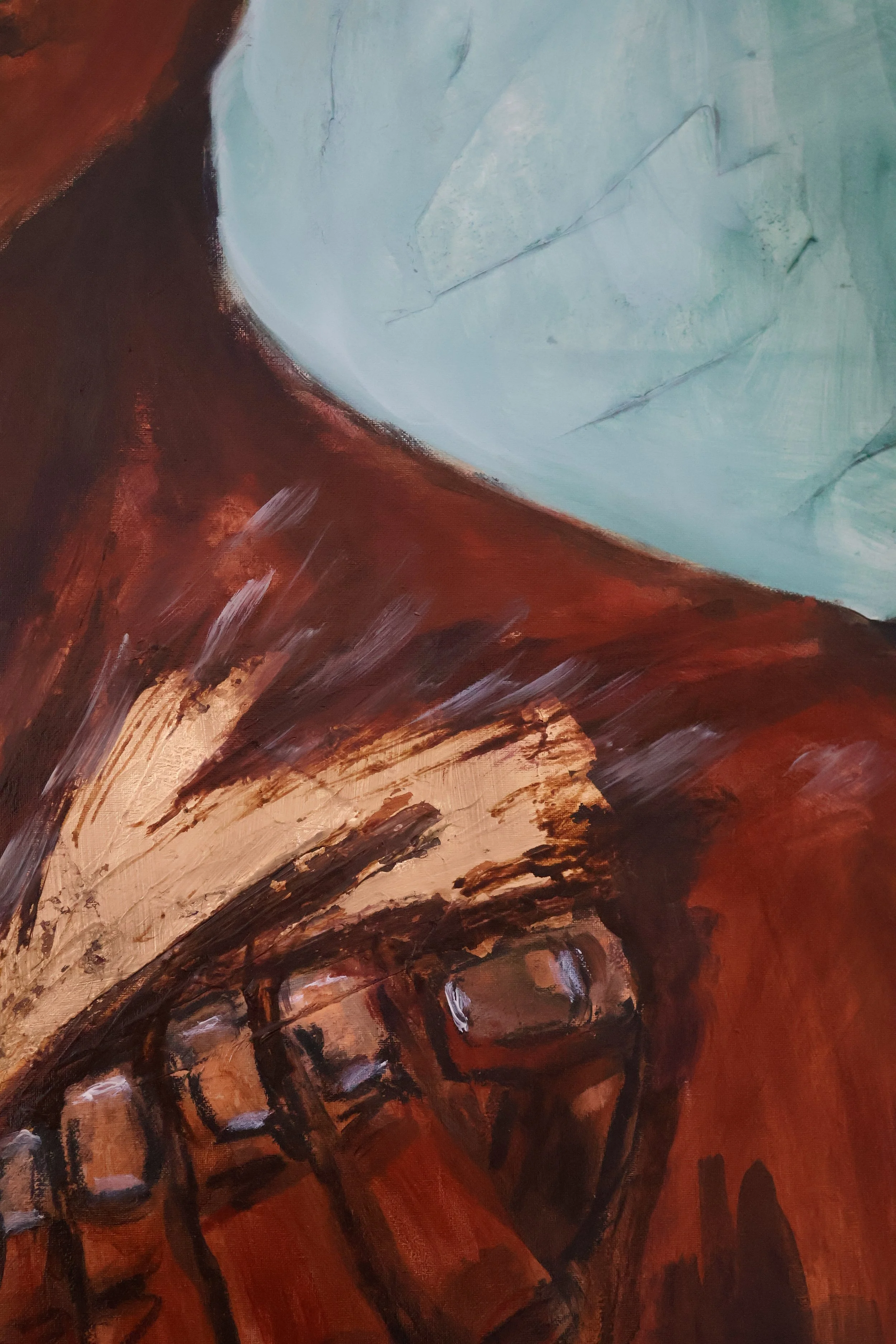 Detail aus einem Werk der Serie " Einverstanden". Ölmalerei mit warmen Brauntönen, Schwarz, Weiß und Blau, mit blockartigen Formen und dynamischen Pinselstrichen. Sonia Gonze, Nürnberg.