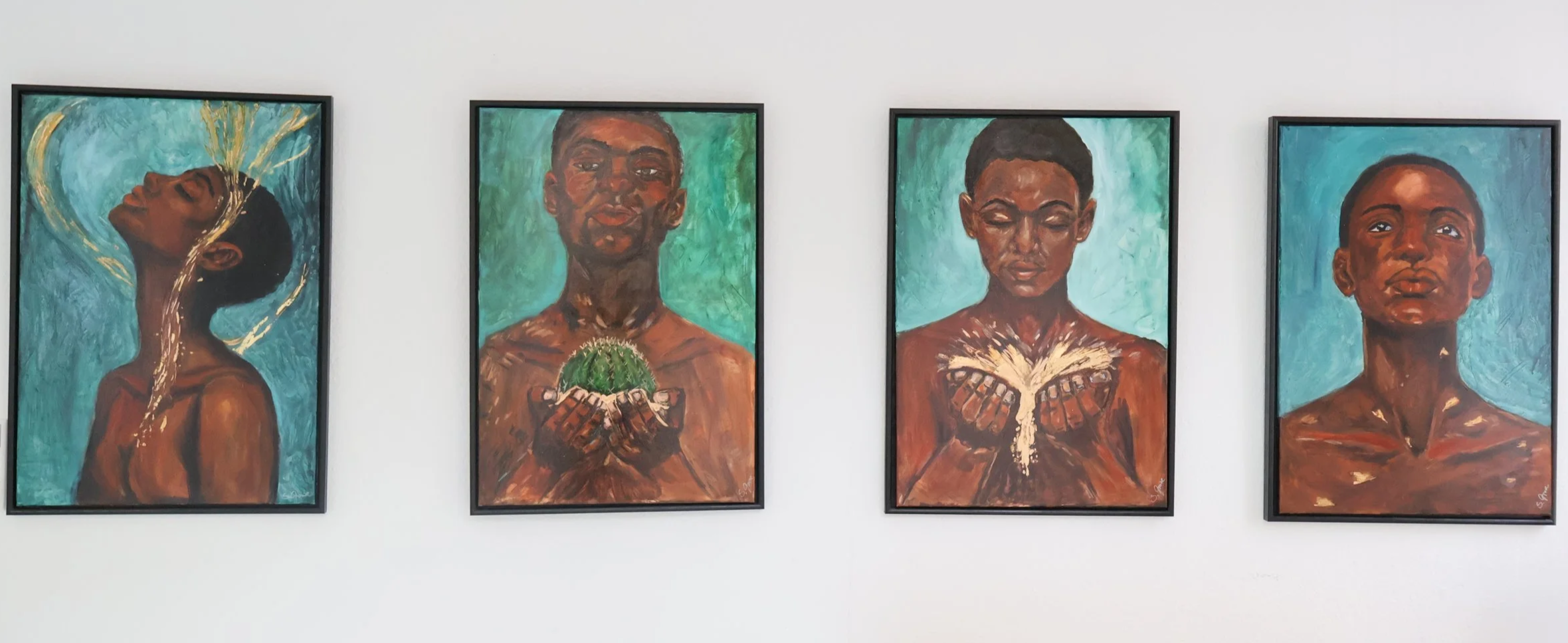 Vierteilige Serie "Einverstanden". Öl und Blattgold. Originale von Sonia Gonze, Nürnberg.