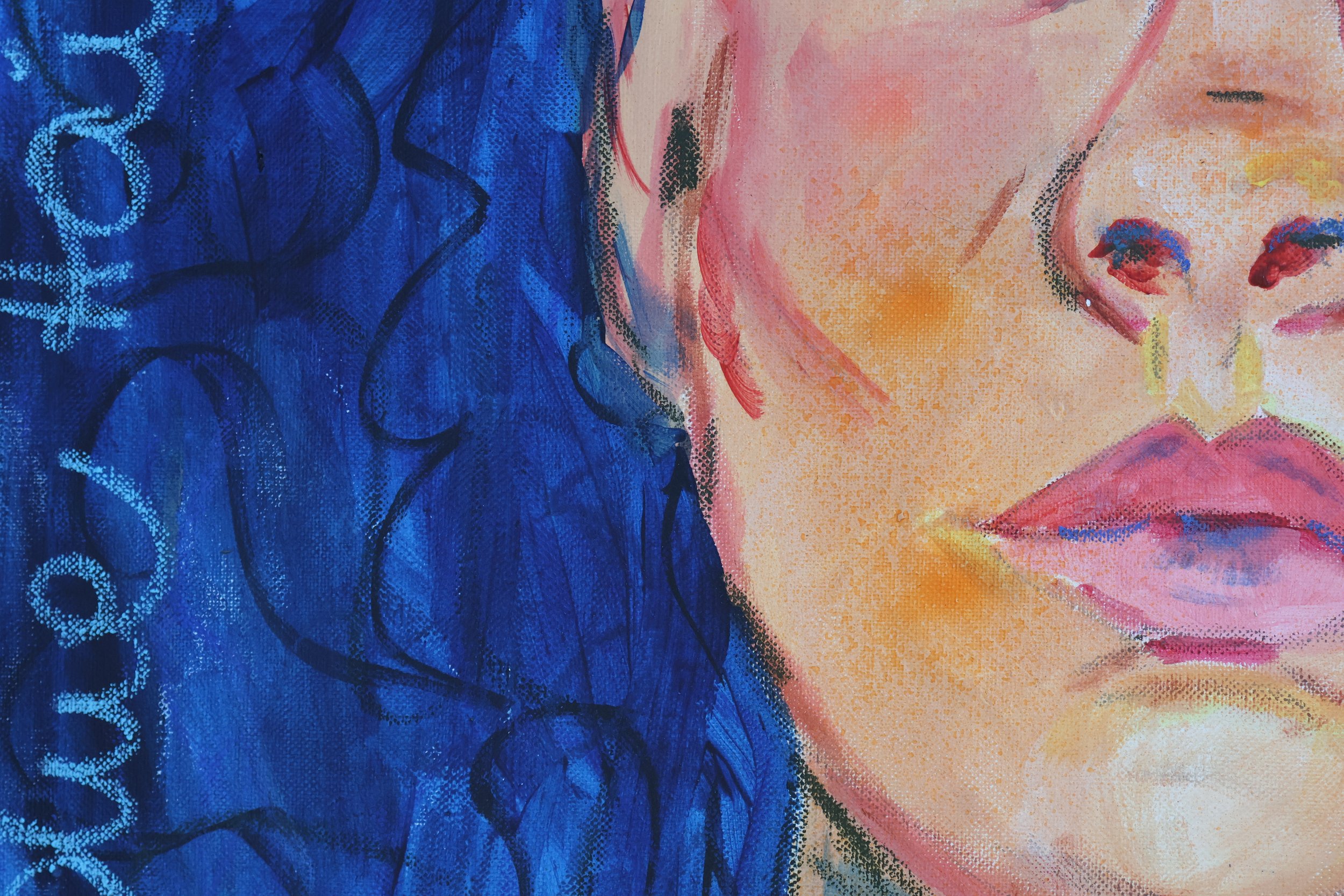 Detail Acrylmalerei Blue Hair Day, figurative Malerei – Sonia Gonze Nürnberg