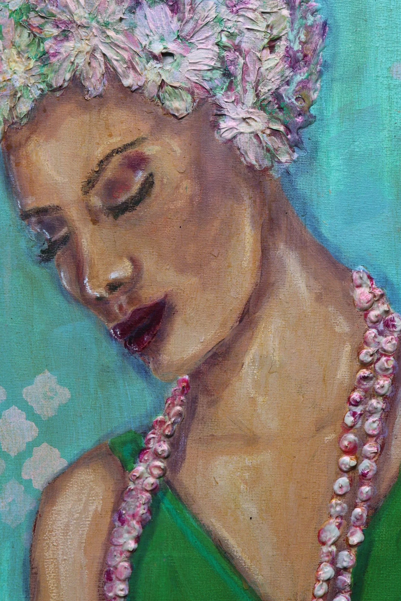 Detail Acrylgemälde Hildes Perlenkette, figurative Malerei – Sonia Gonze Nürnberg