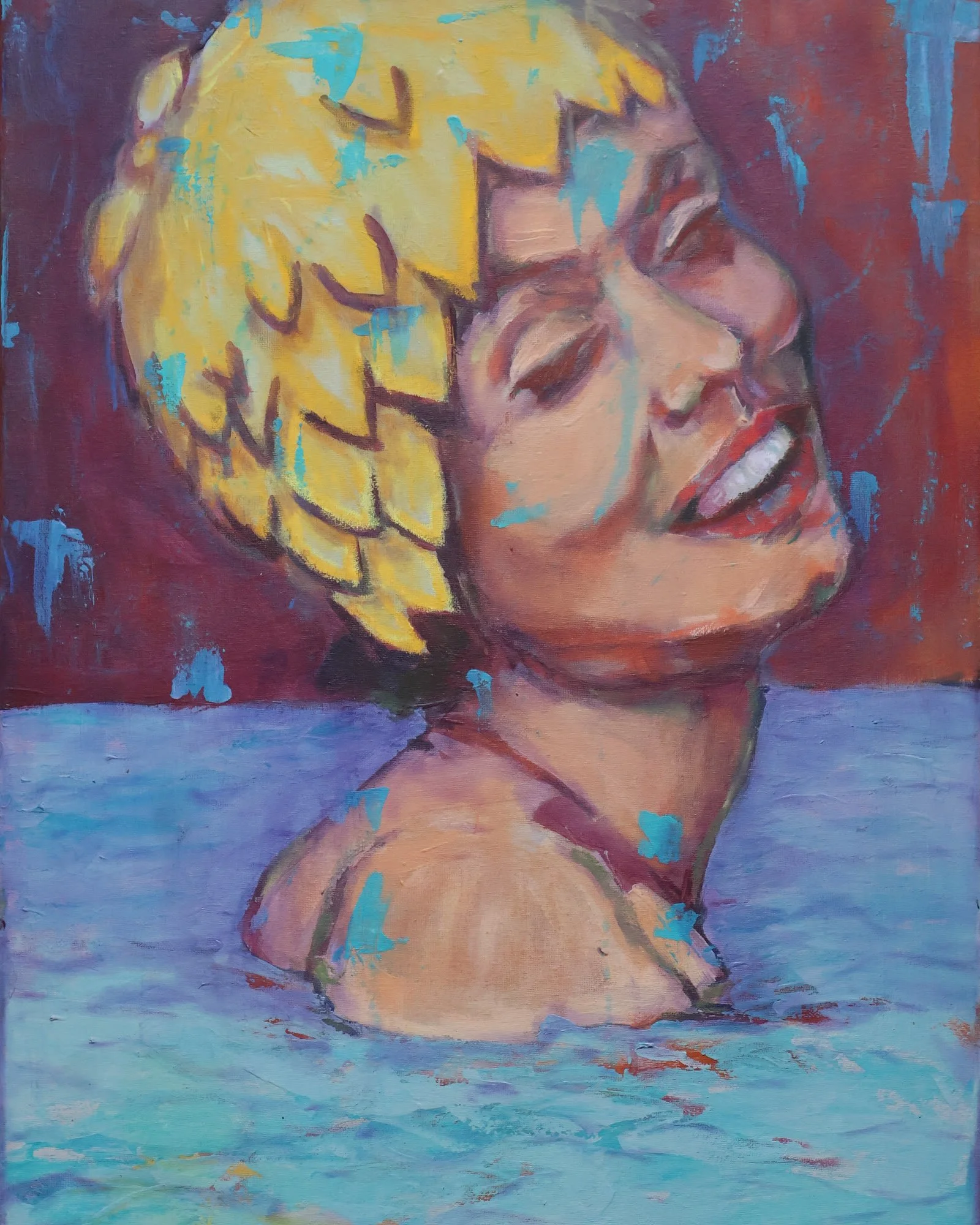 „Gerdas Tagträume“, Acrylbild von Nuves Art aus der Serie Volksbadvergnügen: eine Badende mit gelber Blütenbadekappe lacht im Wasser
