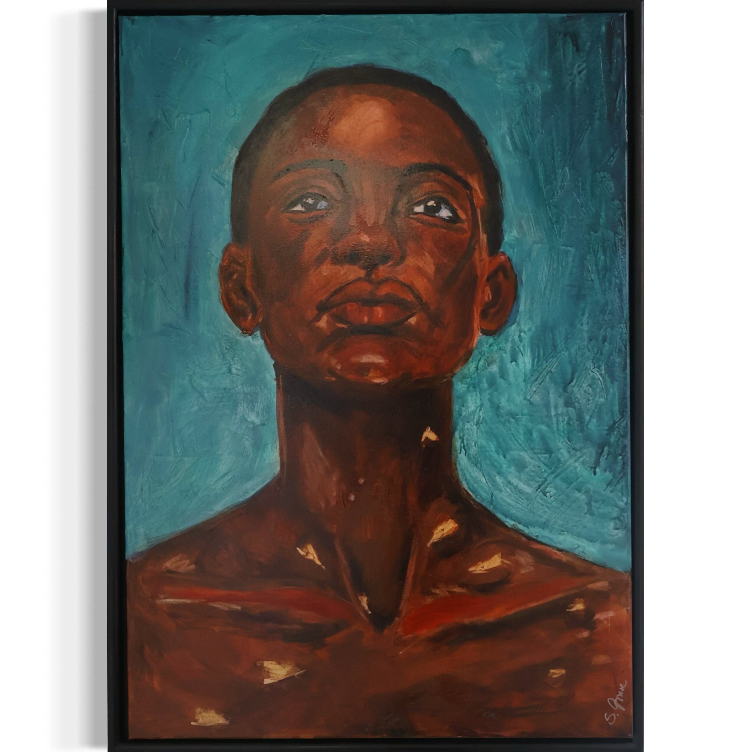 Werk "Dennoch hier" der Serie " Einverstanden". Porträt mit geschlossenen Augen, goldenen Akzenten und grünblauem Hintergrund. Original von Sonia Gonze, Nürnberg.