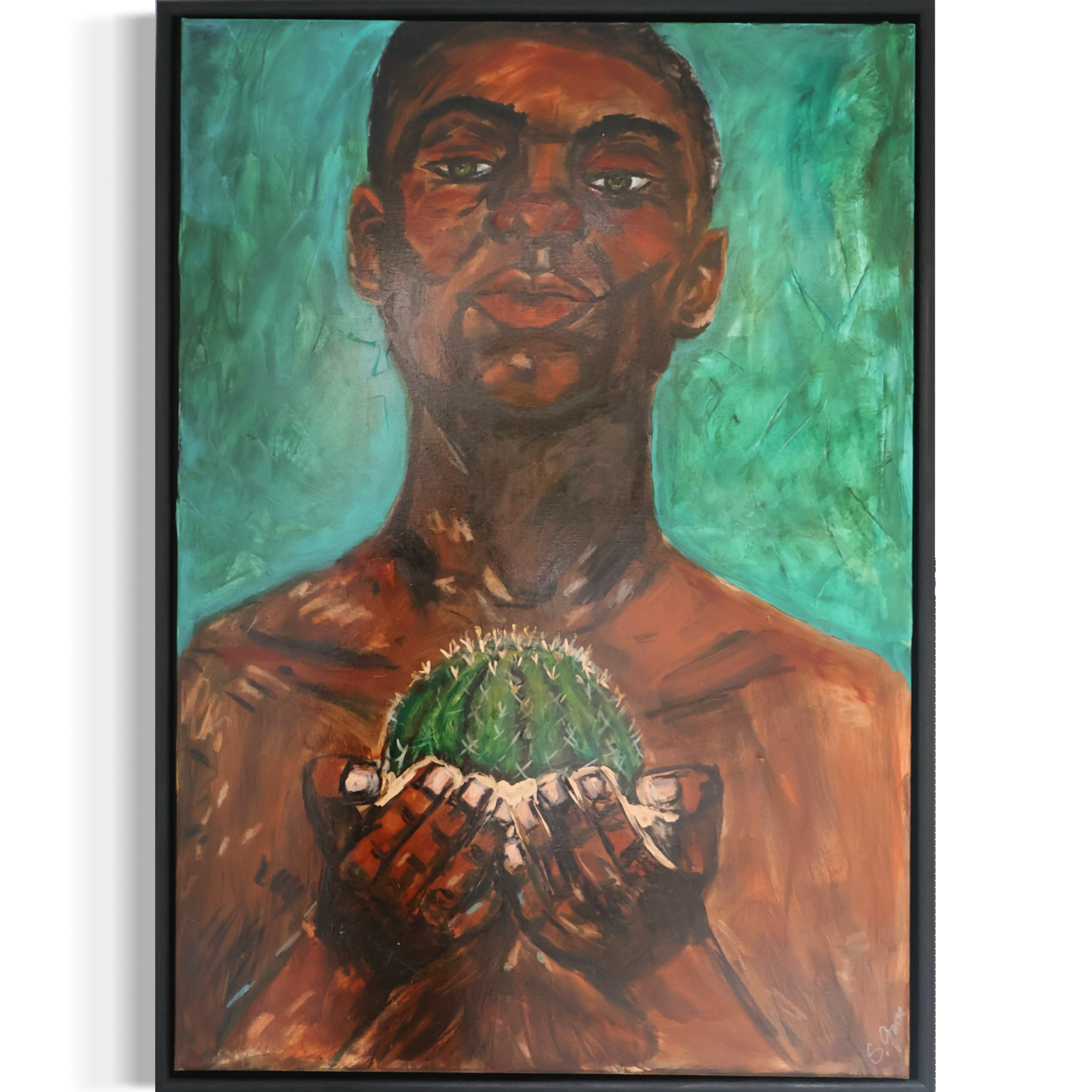Werk "Was Schmerz nicht nimmt" der Serie " Einverstanden".  Porträt eines Mannes mit dunkler Hautfarbe, grünen Augen, kurzen Haaren, vor einem grünen Hintergrund, mit Pinselstrichen in Öl mit goldenen Akzenten. Original von Sonia Gonze, Nürnberg.